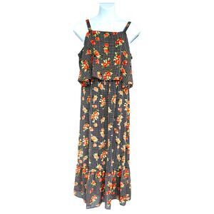 Baku Gingham Floral Ruffled Sleeveless Maxi Dress Size L Black Multi Cottagecore
